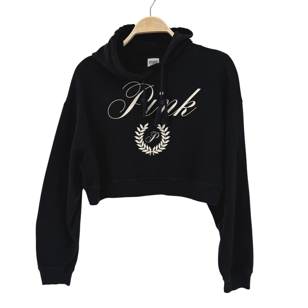 PINK Victoria's Secret Hoodie Women Small Black Good Cropped Graphic Pullover